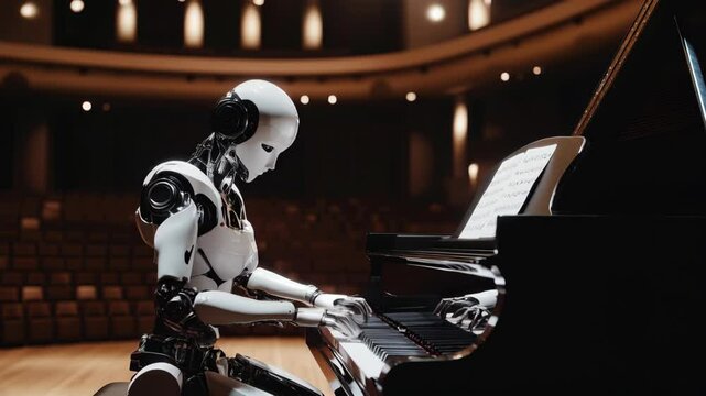 Humanoid robot playing a grand piano in a concert hall, reading sheet music. A futuristic concept blending artificial intelligence with creativity and musical performance.