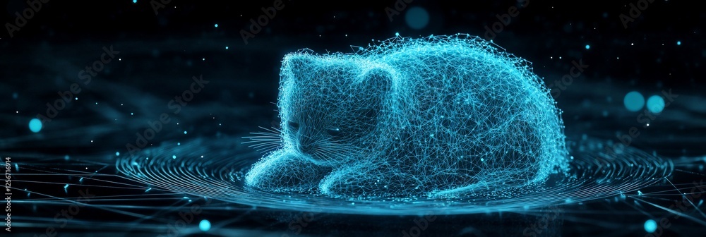 Wall mural abstract glowing digital cat resting on a network.