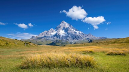 Obraz premium Majestic snow-capped mountain peak rising above a grassy alpine meadow under a clear blue sky.