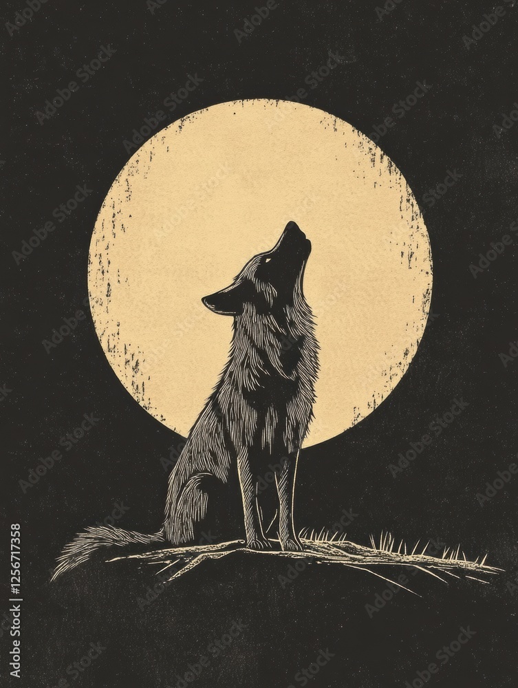 Poster minimalist wolf silhouette howling at a full moon in a serene night sky with ample space for persona