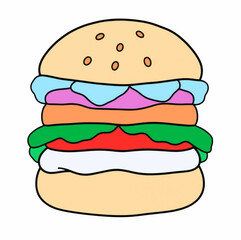 Illustration Burger with Lettuce and Tomato Isolated Background Fast Food Icon
