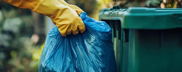 Person is throwing away a blue garbage bag in a green garbage bin outdoors