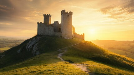 Medieval castle stands majestically on a green hill under a vibrant sunset sky. Generative AI