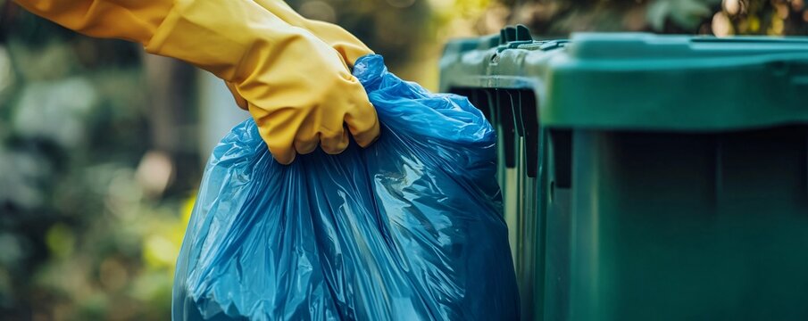 Person is throwing away a blue garbage bag in a green garbage bin outdoors