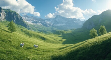 Obraz premium Lush Green Mountains with Rabbits Running.