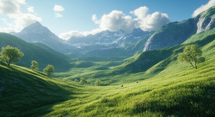 Fototapeta premium Lush Green Mountains with Rabbits Running.