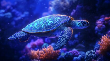 Fototapeta premium A vibrant sea turtle gracefully swims amidst a colorful coral reef, illuminated by an ethereal blue glow.