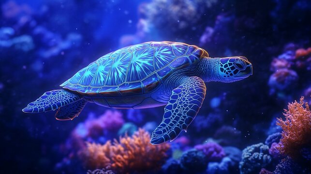 A vibrant sea turtle gracefully swims amidst a colorful coral reef, illuminated by an ethereal blue glow.