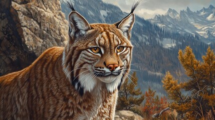 Fototapeta premium Majestic Lynx In A Mountainous Autumn Landscape