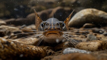 Obraz premium Close-up of a catfish in a rocky riverbed, its whiskers prominent, staring directly at the camera.