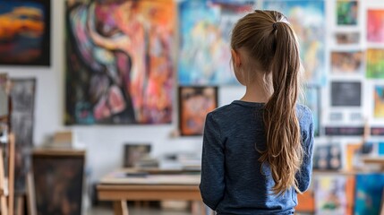 Little girl admiring paintings in an art gallery