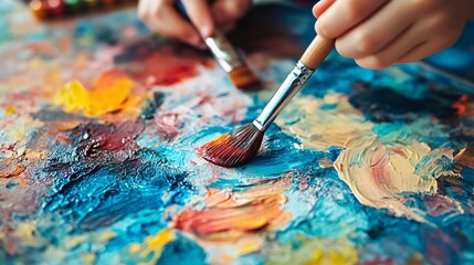 Obraz premium Artists holding brushes creating colorful oil painting on canvas
