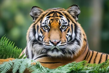 Obraz premium Majestic tiger portrait with intense gaze amidst lush greenery. Generative AI