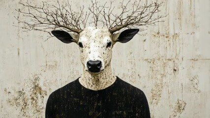 Uniquely crafted human-animal hybrid figure with tree branch antlers against a textured background