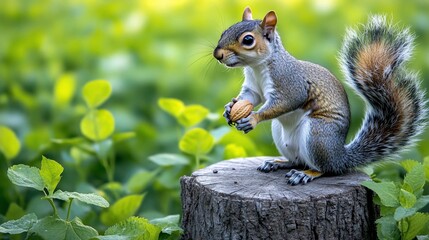A cute gray squirrel sits on a tree stump, holding a nut in its paws.  Green, blurred background.