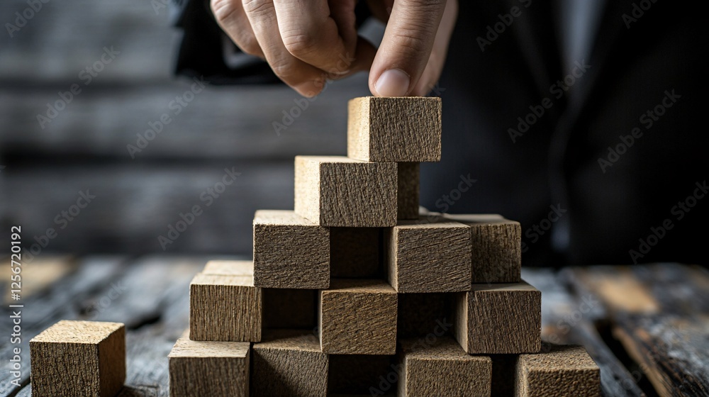 Poster Businessman building a tower with wooden blocks on a table