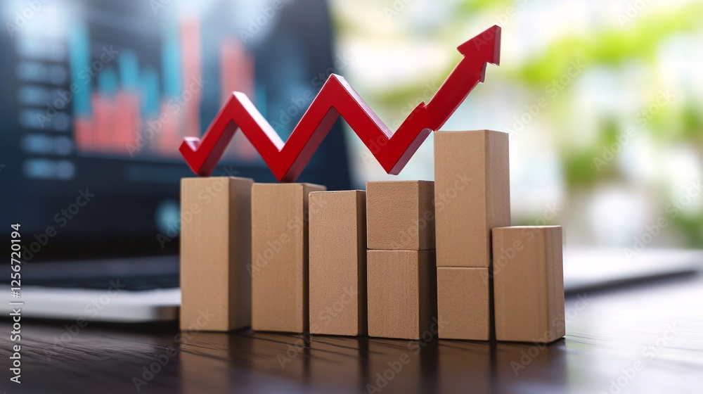 Fototapete red arrow pointing up over increasing stacked bars chart