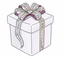 Illustration New Year Gift Box Silver Glitter Isolated White Background Holiday Branding