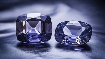 Two cushion-cut alexandrite gemstones on silk.