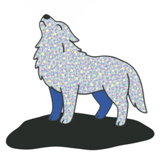 Cartoon, Hand drawing Glowing Blue Dream Magical Fantasy Dog Wolf Howling at the Stars Isolated White Background