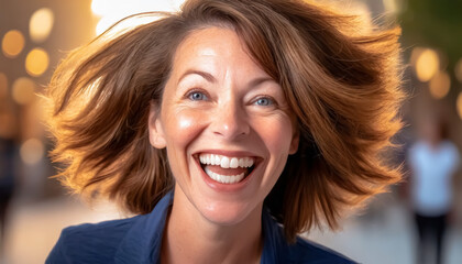 Fototapeta premium Dynamic shot of a women, windswept hair, blurred background with bokeh lights.