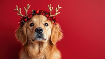 Golden retriever wearing festive antlers and decorations against a vibrant red background