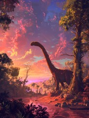 Fototapeta premium The image presents a serene prehistoric scene where a large sauropod dinosaur is standing beside a gently flowing river. The foreground is filled with lush greenery and a variety of plants reminiscent