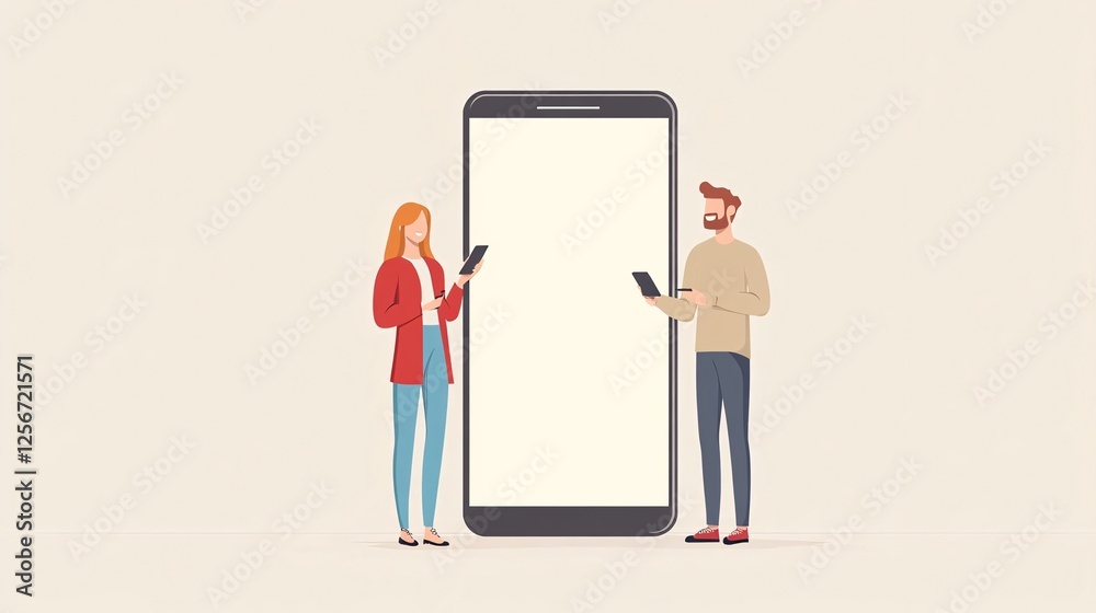 Poster young people using smartphones with giant blank screen displaying mobile app design