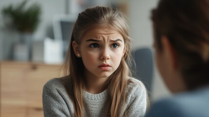Fototapeta premium Little girl with worried expression listening to psychologist