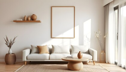 japandi interior with empty frame mockup, organic wooden elements, soft neutral colors, cozy minimalist aesthetic, warm natural light, modern