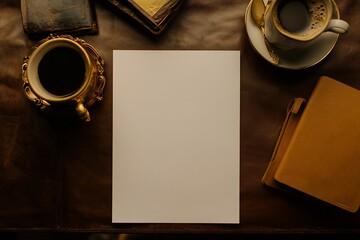 Blank paper on brown leather desk with coffee cups, books, and notebook.