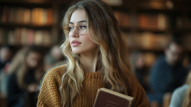 Young woman with long wavy blonde hair and round glasses reading book in cozy library setting. blurred bookshelves and students in the background.