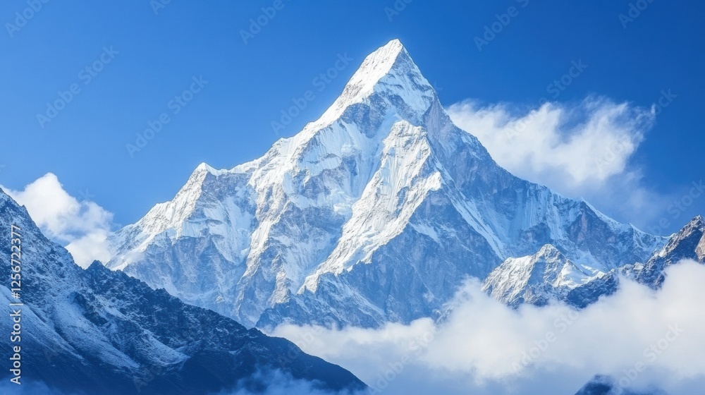 Poster Majestic mountain range with soft clouds drifting in the blue sky offering a serene backdrop for reflection. Generative AI