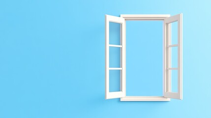 Open window with white frames against a light blue background, symbolizing freedom and freshness