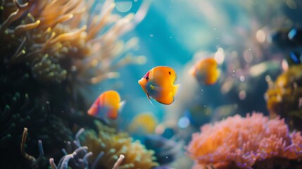 Fototapeta premium Beautiful yellow tang fish gliding through a coral garden, set against a vibrant underwater backdrop teeming with marine life. AI generated.