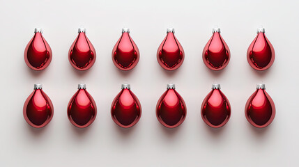 Obraz premium Twelve Red Christmas Ornaments Arranged in a Neat Row on White Background