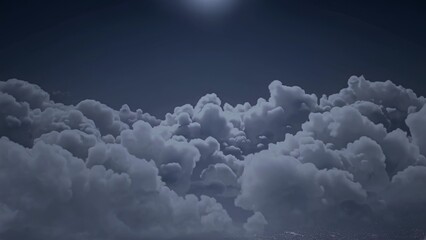 Obraz premium Moonlight illuminating a vast expanse of fluffy cumulus clouds at night, creating a dramatic and atmospheric scene above a sparkling city filled with twinkling lights