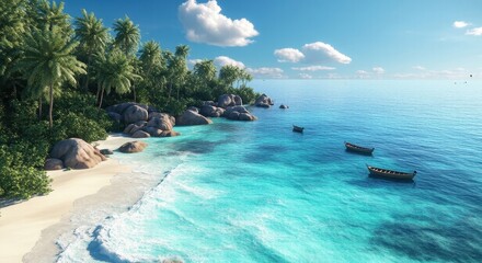 Fototapeta premium Tropical Beach with Crystal-Clear Blue Ocean and Palm Trees.