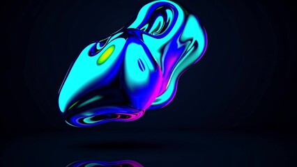 Colorful chrome blob with neon shades of blue, pink and green is floating over a dark reflective surface, creating a vibrant and surreal visual