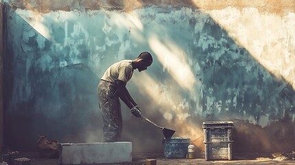 A man mixes cement against a textured wall in sunlight.