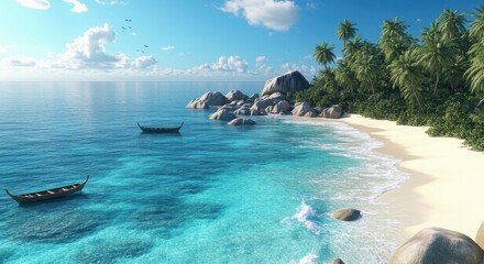 Fototapeta premium Tropical Beach with Crystal-Clear Blue Ocean and Palm Trees.