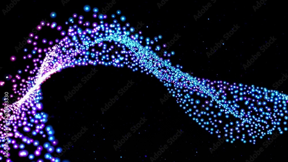 Poster abstract background with glowing particles flowing and creating a wavy line on black background, sui