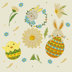 Illustration for Easter with funny cute little rabbit, small yellow chick, daisy flower and decorative egg on light yellow background, dpi 3500x3500