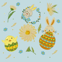 Cute illustration with Easter happy bunny, decorated eggs, daisy flowers, small cute chick on light blue background, dpi 3500x3500