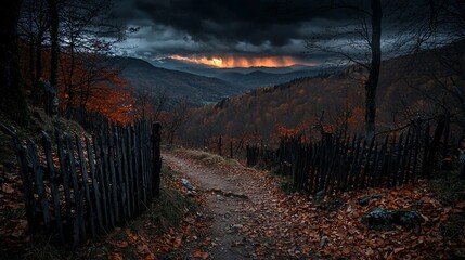 Obraz premium Serene autumn landscape with a winding path through vibrant foliage under a dramatic sky