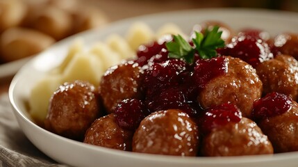 Traditional Swedish meatballs with lingonberry sauce and potatoes. Featuring a comforting and rich dish. Highlighting the texture and flavors of the meatballs. Ideal for food and cultural themes.