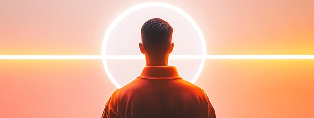 Man facing a futuristic glowing circle, light beam in the background. AI, technology concept