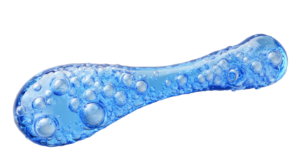Transparent elongated blob of blue liquid containing bubbles on a transparent background