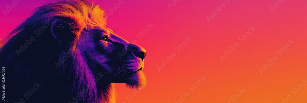 Aufkleber Vibrant pop art lion portrait against a colorful savanna sunset with space for text. Generative AI