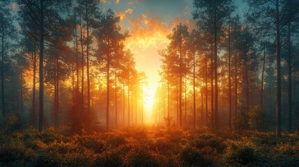Golden Sunrise in a Misty Forest